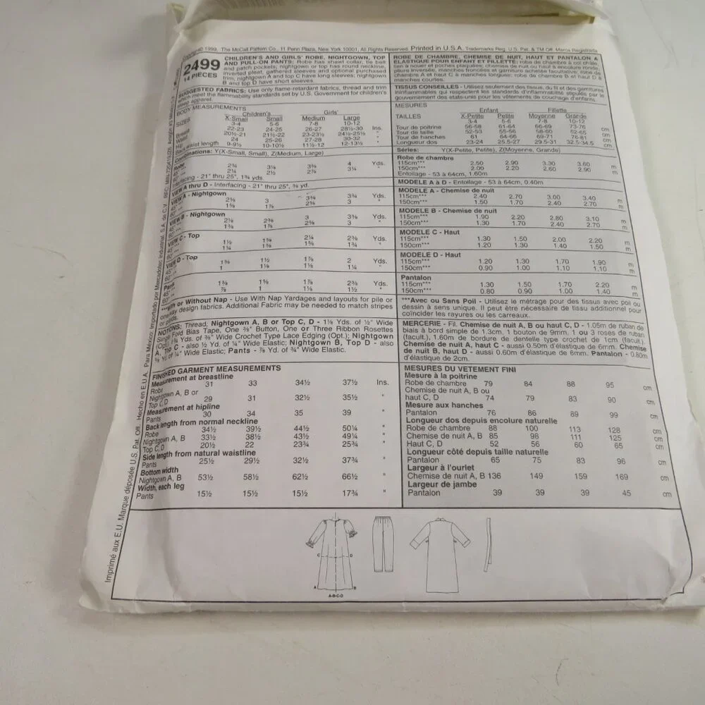 McCalls 24999 Clothing Patterns Easy UNCUT Nightgown/Dress, PJ, Robe, Shirts